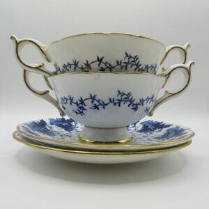 Coalport Cream Soup Bouillon Cup Saucer Set of 2 Blue White Leaves Ivy 5590K
